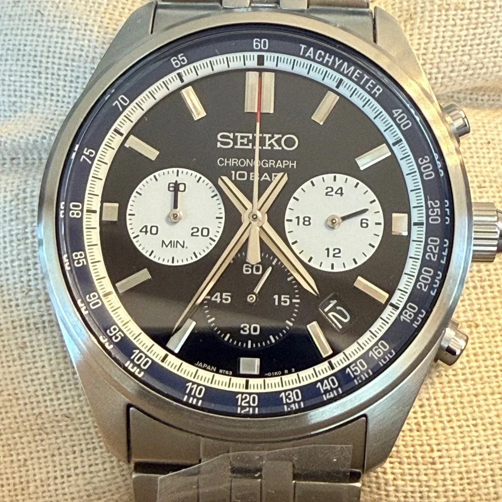 Seiko Essentials Chronograph SSB427 Mens Blue Panda Dial Stainless Steel Watch